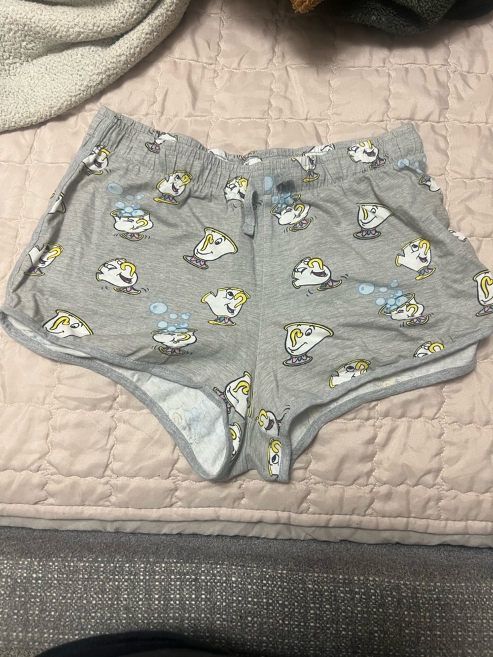 Disney Women’s Gray Athletic Shorts with Chip & Mrs. Potts Print